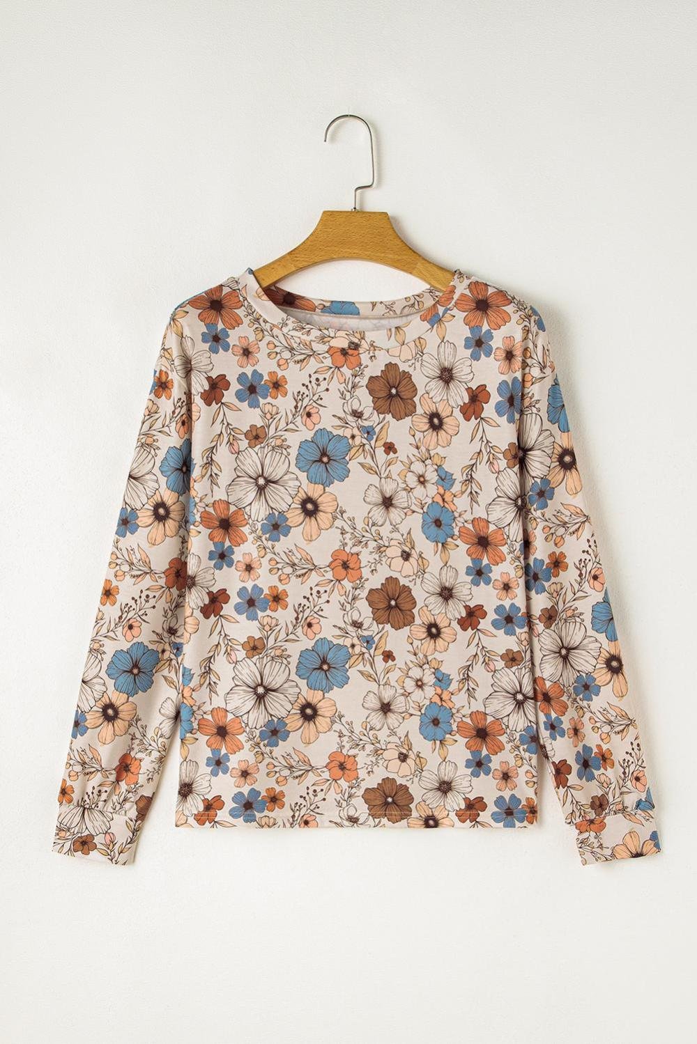 Long Sleeve Tops | Women Khaki Allover Floral Print Crew Neck Long Sleeve Top