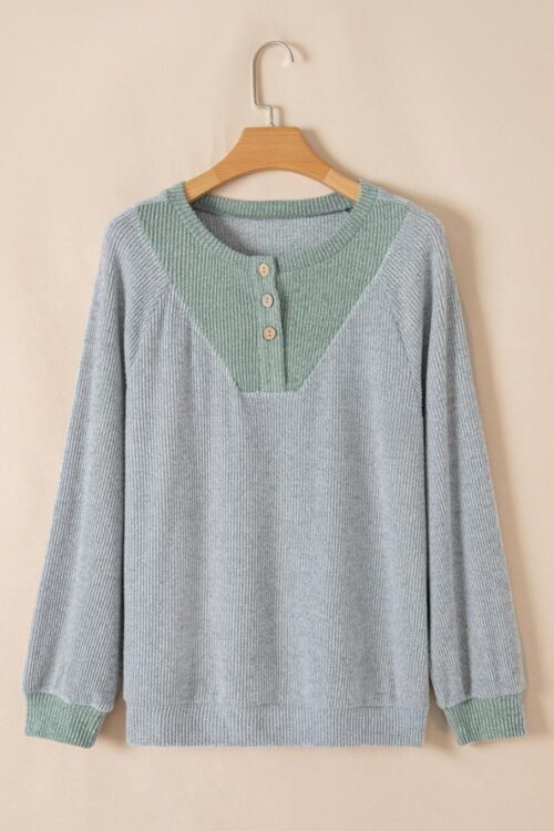 Long Sleeve Tops | Women Light Grey Contrast Ribbed Loose Fit Henley Top