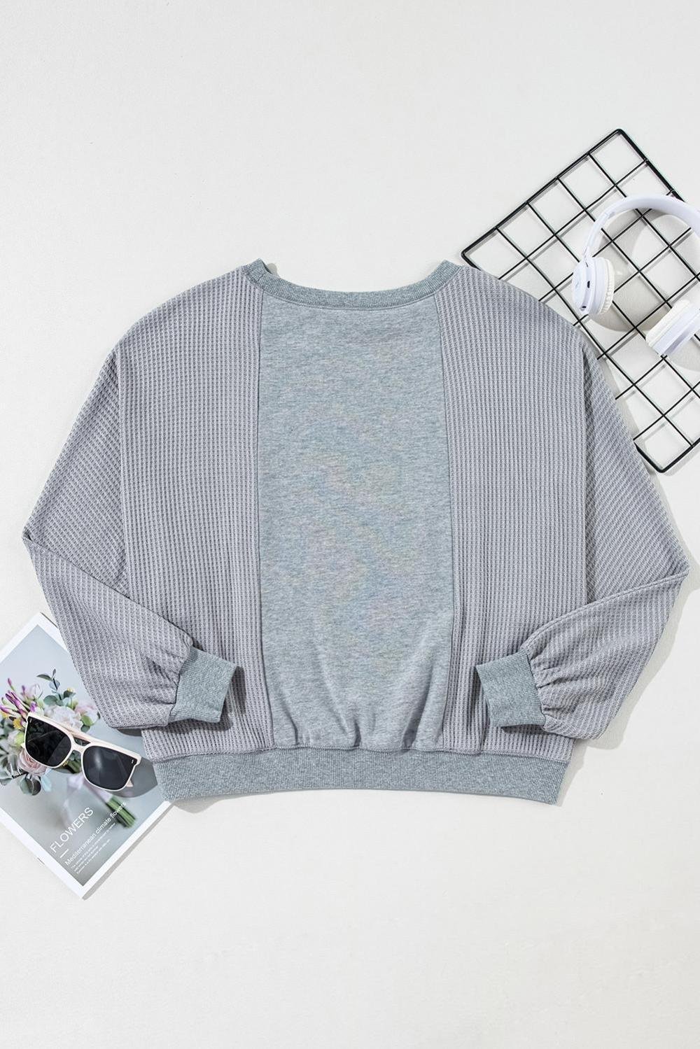 Long Sleeve Tops | Women Light Grey Waffle Patchwork Long Sleeve Pullover Top