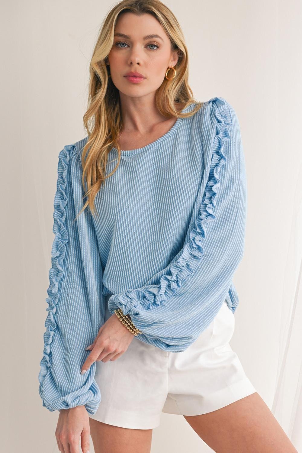 Long Sleeve Tops | Women Mist Blue Corded Frill Detail Puff Sleeve Top