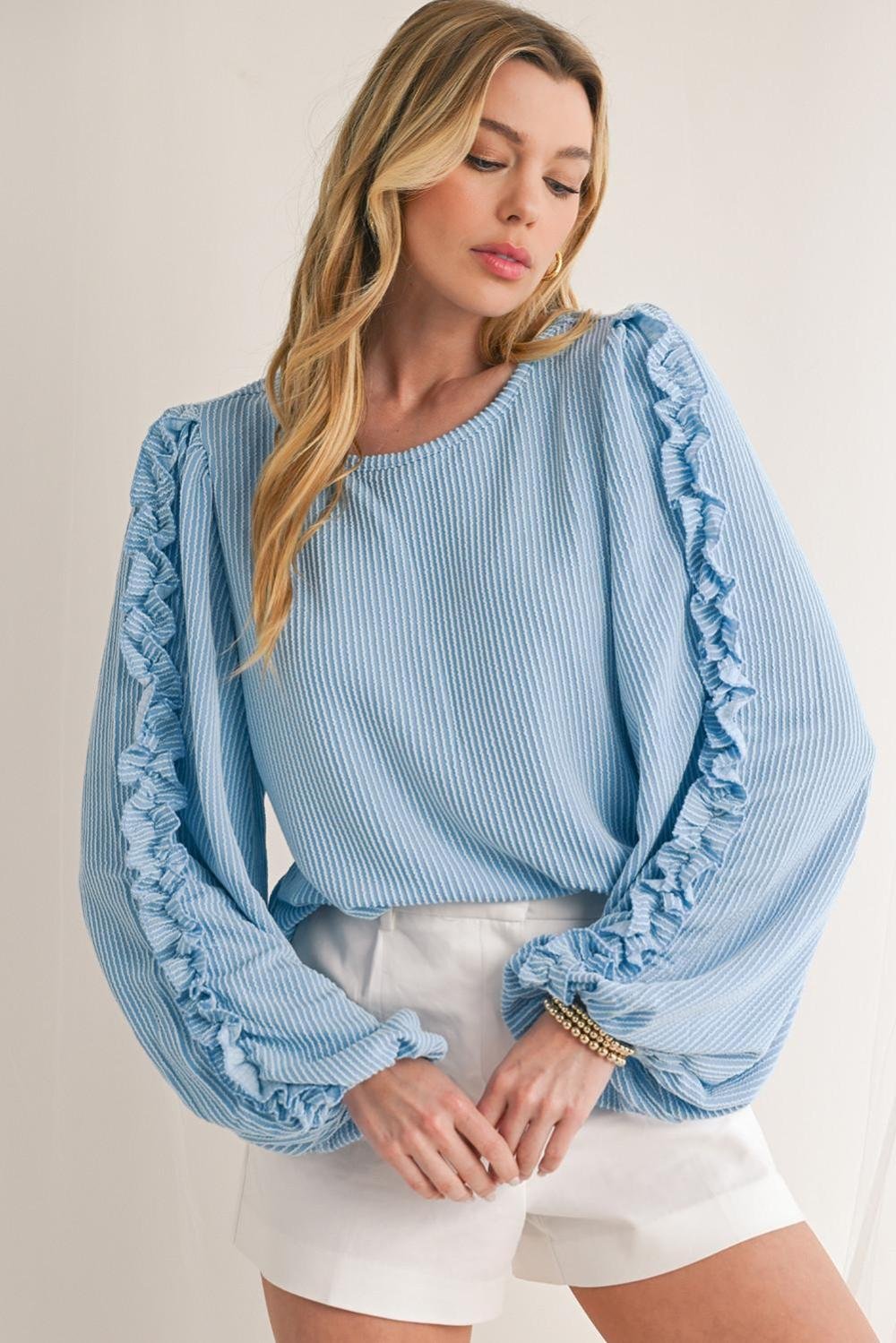 Long Sleeve Tops | Women Mist Blue Corded Frill Detail Puff Sleeve Top