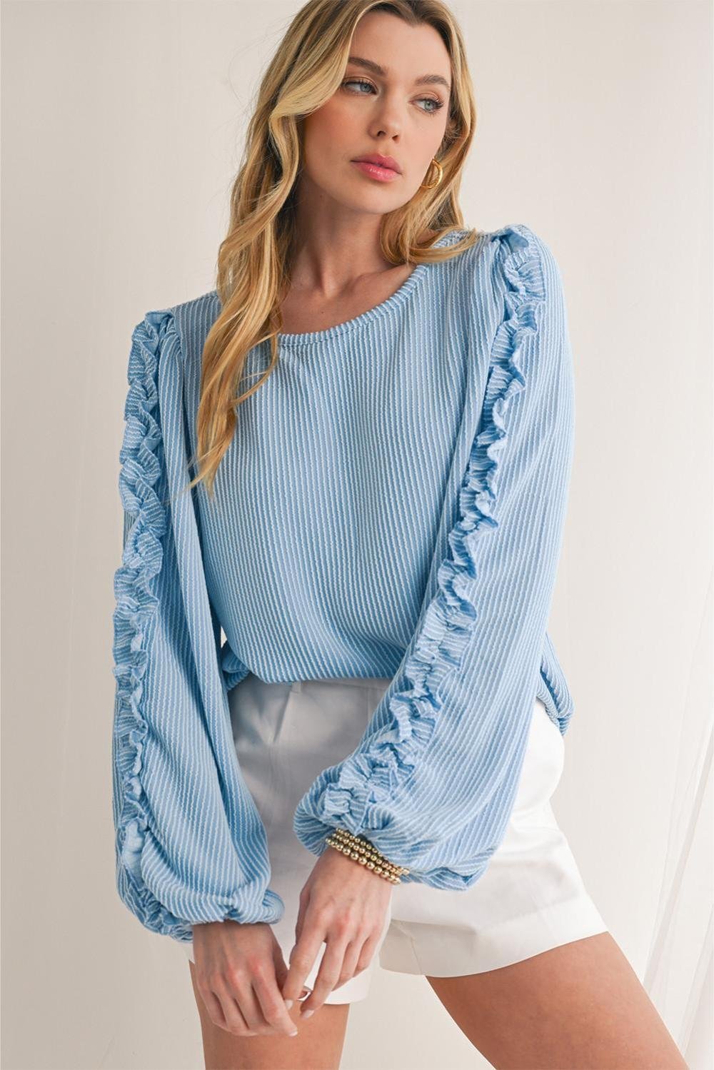 Long Sleeve Tops | Women Mist Blue Corded Frill Detail Puff Sleeve Top
