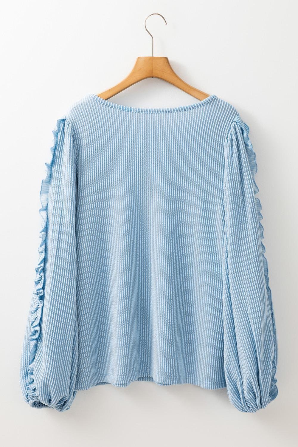 Long Sleeve Tops | Women Mist Blue Corded Frill Detail Puff Sleeve Top