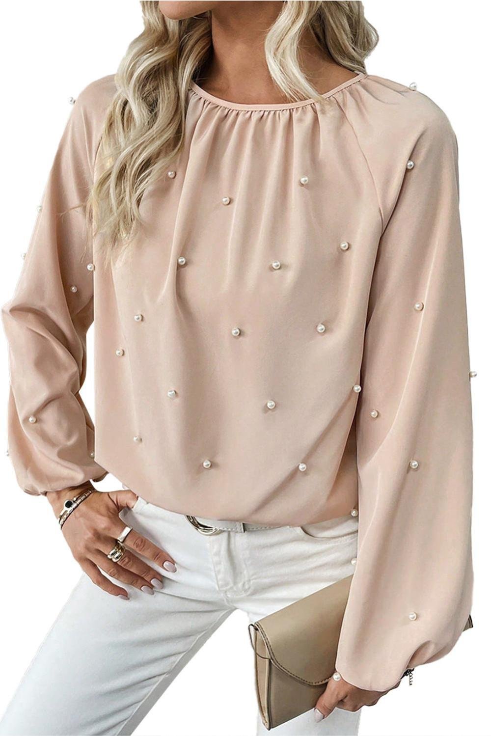 Long Sleeve Tops | Women Oatmeal Pearl Beaded Round Neck Long Sleeve Top