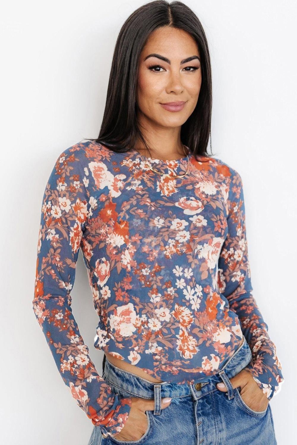 Long Sleeve Tops | Women Orchid Petal Allover Floral Print Mesh Long Sleeve Top