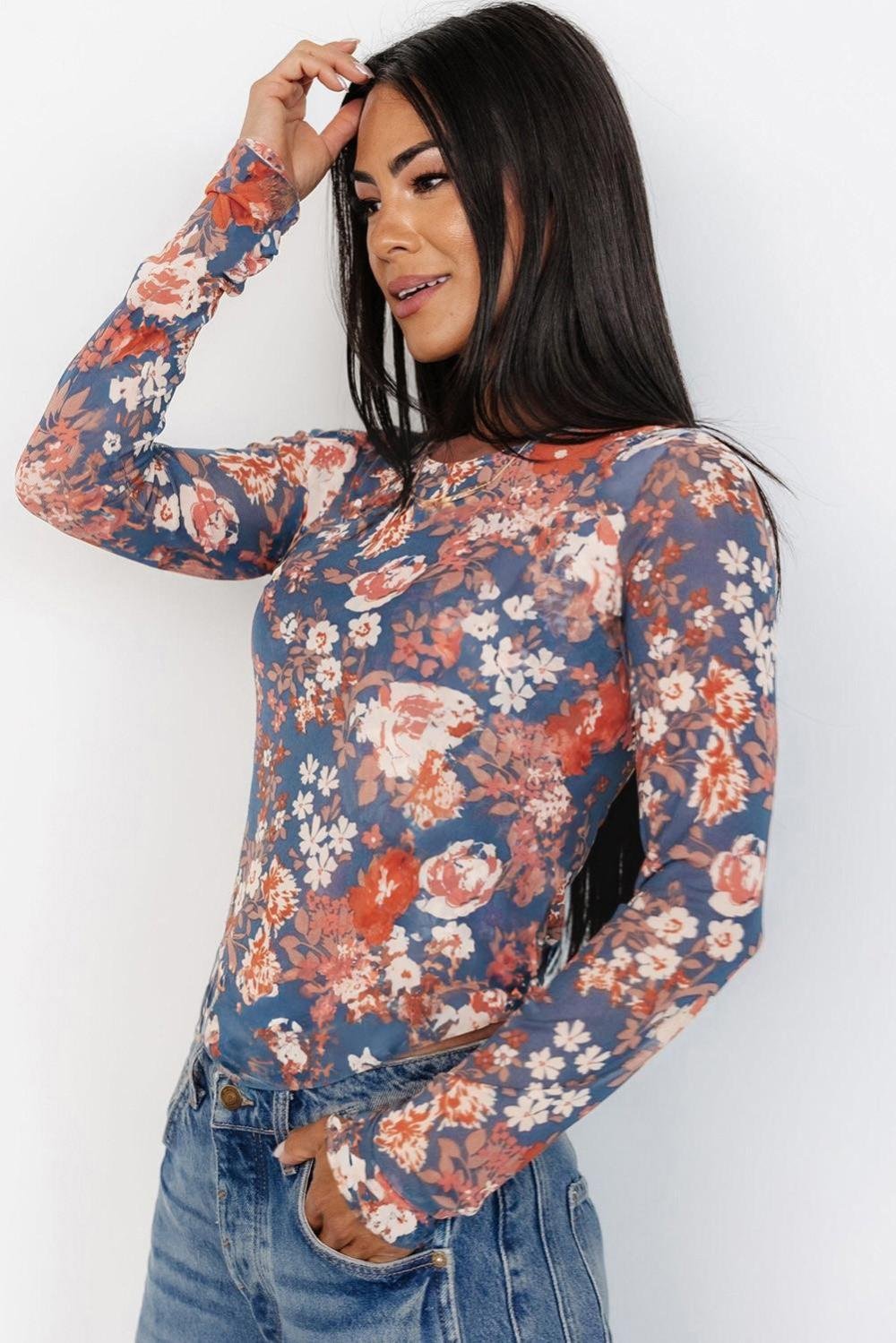 Long Sleeve Tops | Women Orchid Petal Allover Floral Print Mesh Long Sleeve Top