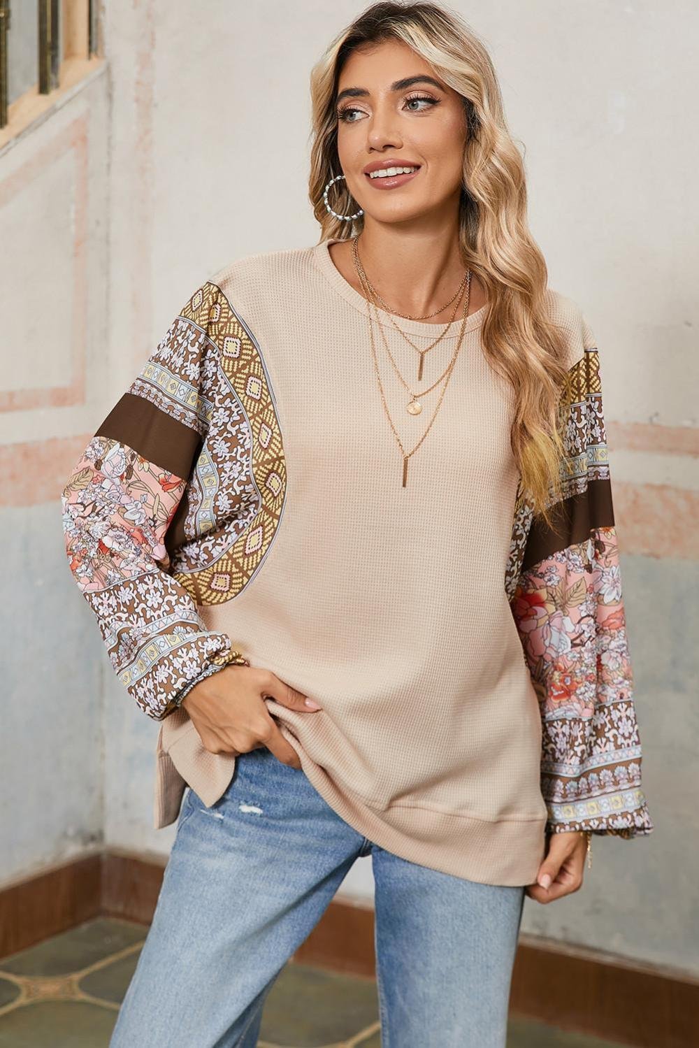 Long Sleeve Tops | Women Parchment Floral Patchwork Puff Sleeve Waffle Knit Top