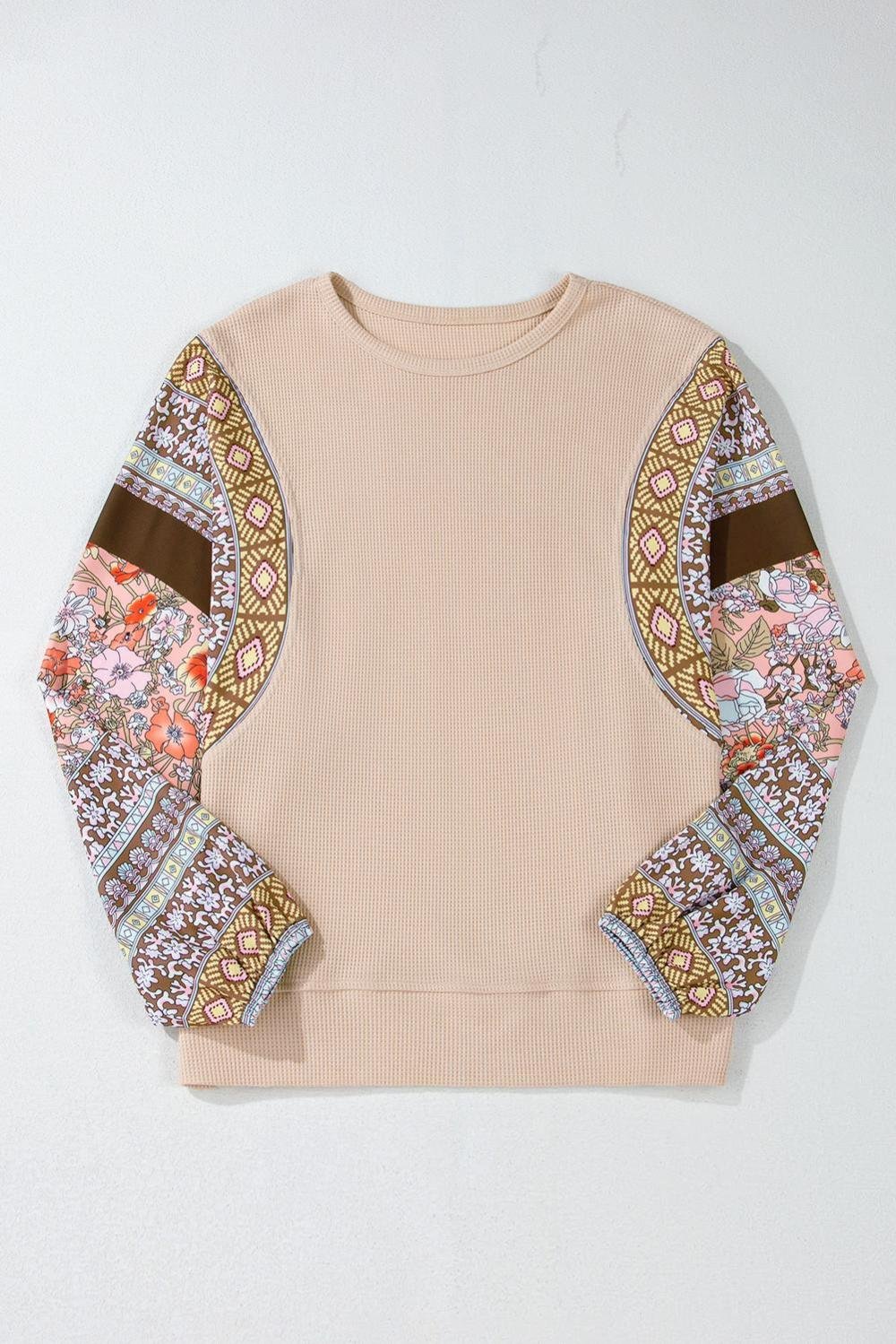 Long Sleeve Tops | Women Parchment Floral Patchwork Puff Sleeve Waffle Knit Top