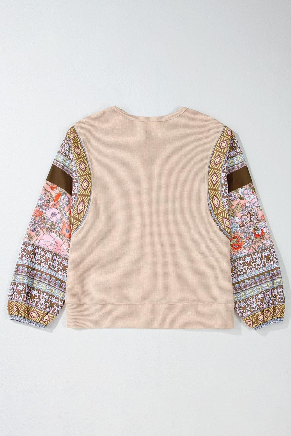 Long Sleeve Tops | Women Parchment Floral Patchwork Puff Sleeve Waffle Knit Top