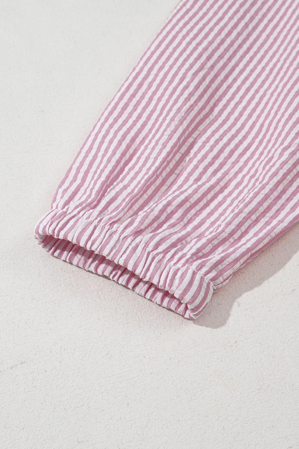 Long Sleeve Tops | Women Pink Stripe Bow Tie Front Round Neck Long Sleeve Top