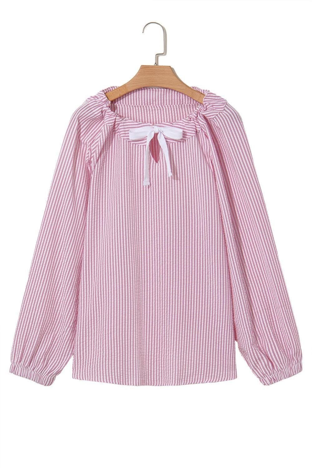 Long Sleeve Tops | Women Pink Stripe Bow Tie Front Round Neck Long Sleeve Top