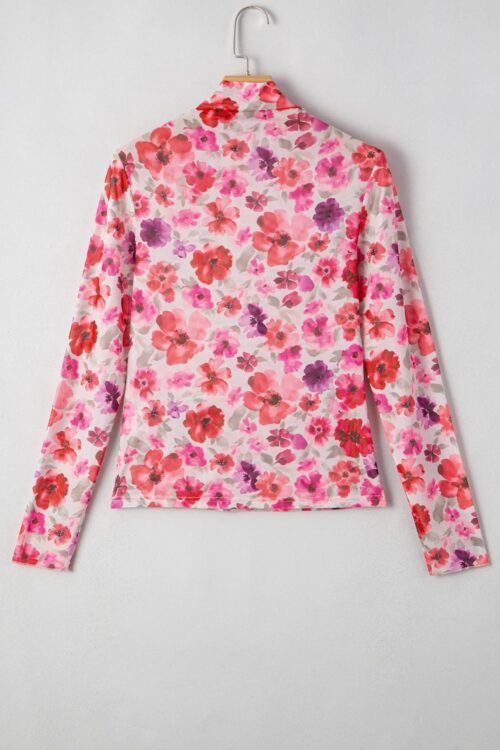 Long Sleeve Tops | Women Red Floral Print Long Sleeve Slim Fit Mesh Top