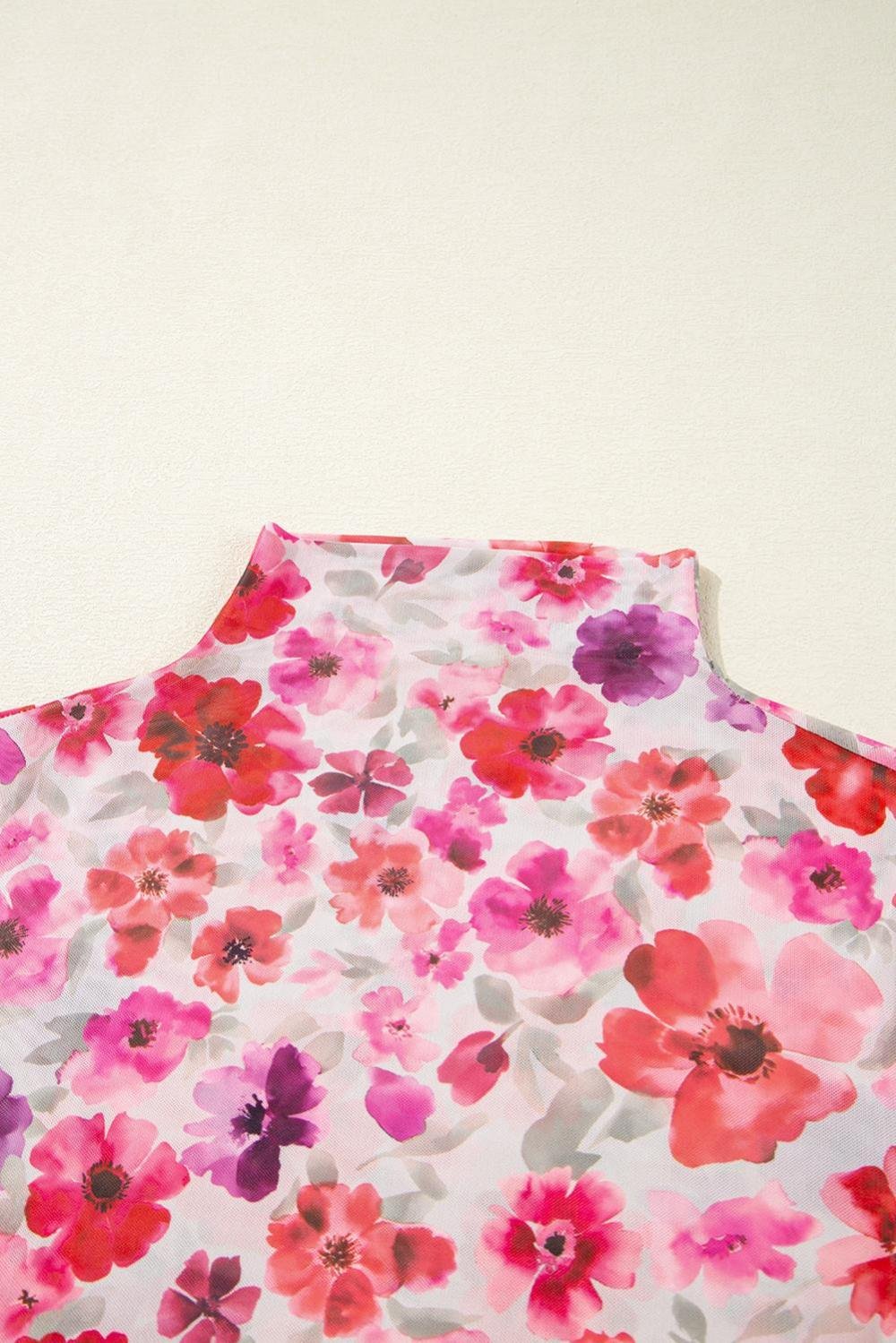 Long Sleeve Tops | Women Red Floral Print Long Sleeve Slim Fit Mesh Top