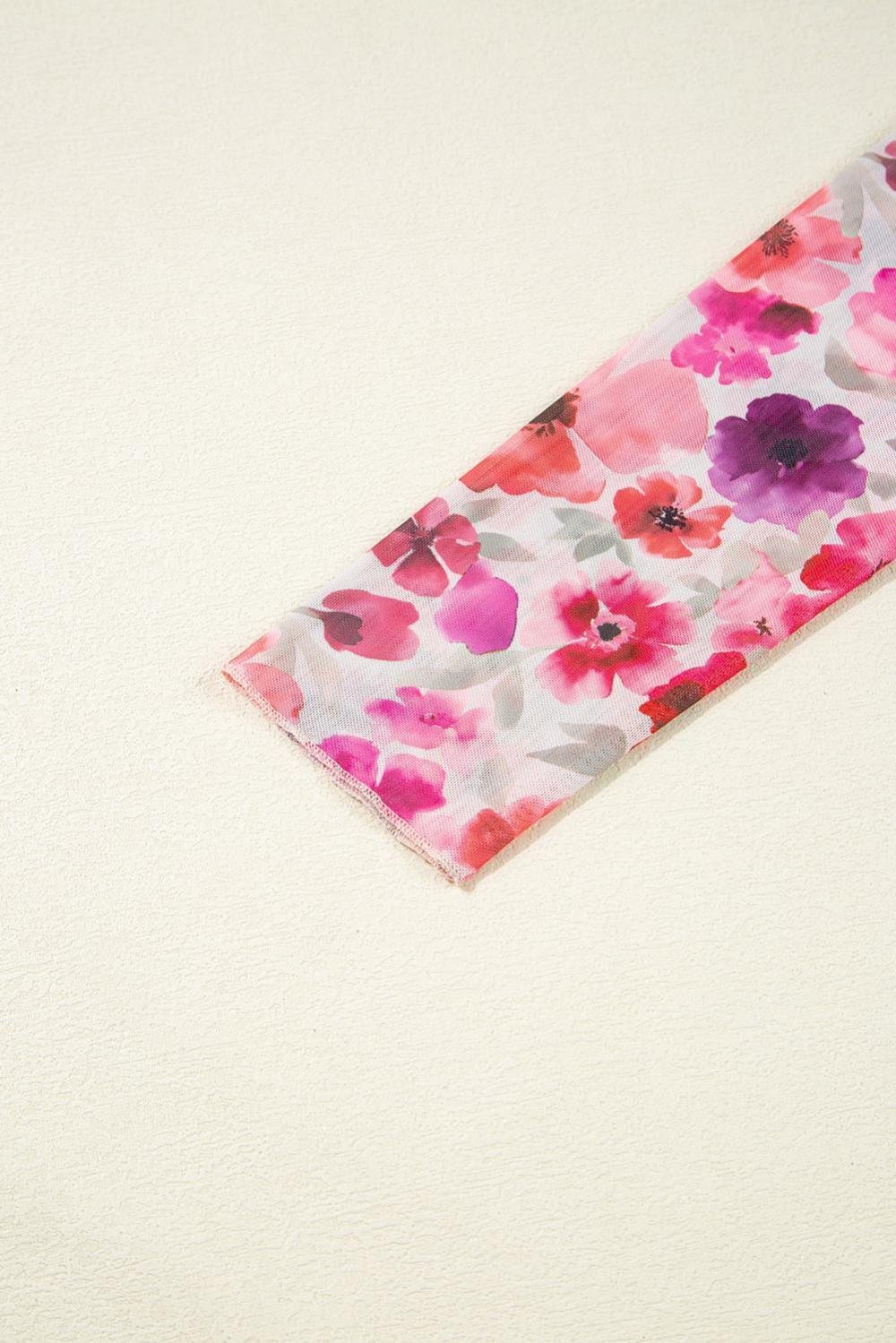 Long Sleeve Tops | Women Red Floral Print Long Sleeve Slim Fit Mesh Top