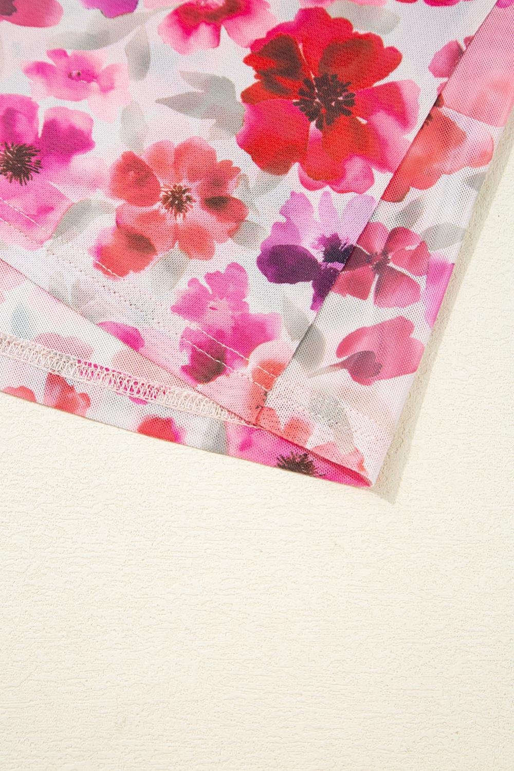 Long Sleeve Tops | Women Red Floral Print Long Sleeve Slim Fit Mesh Top