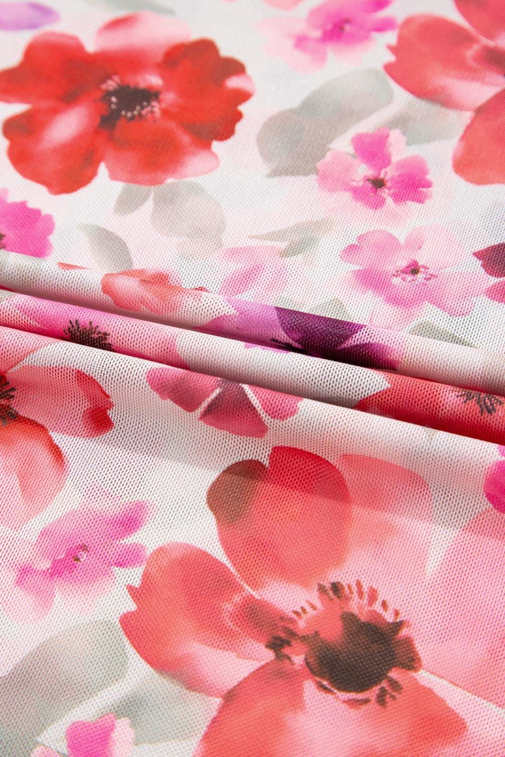 Long Sleeve Tops | Women Red Floral Print Long Sleeve Slim Fit Mesh Top