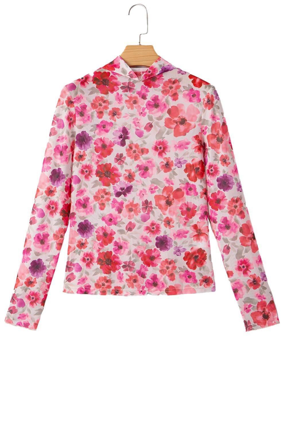 Long Sleeve Tops | Women Red Floral Print Long Sleeve Slim Fit Mesh Top