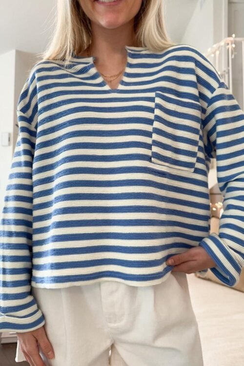 Long Sleeve Tops | Women Sky Blue Stripe Pocket Buttoned Back Notched V Neck Top