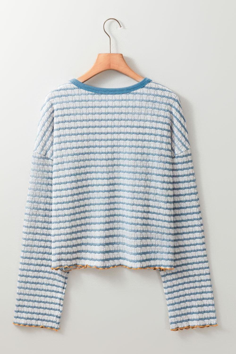 Long Sleeve Tops | Women Sky Blue Stripe Textured Long Sleeve Henley Top