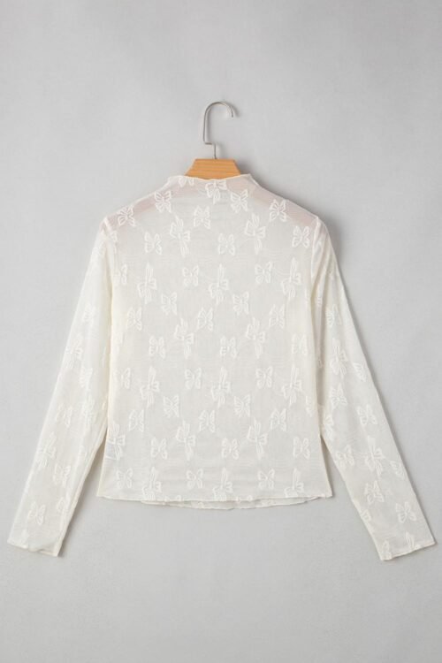 Long Sleeve Tops | Women White Butterfly Jacquard Mesh Long Sleeve Top