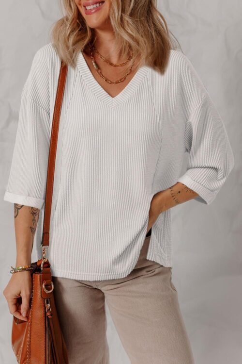 Long Sleeve Tops | Women White Solid Color Corded Drop Shoulder 3/4 Sleeve V Neck Top