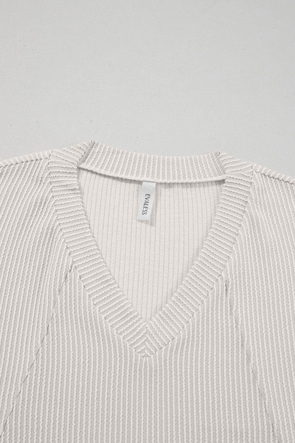 Long Sleeve Tops | Women White Solid Color Corded Drop Shoulder 3/4 Sleeve V Neck Top