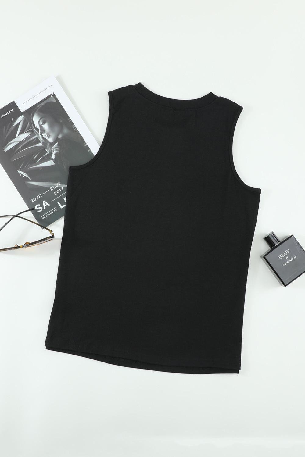 Sleeveless Tops | Women Black Solid Color Basic Crew Neck Tank Top
