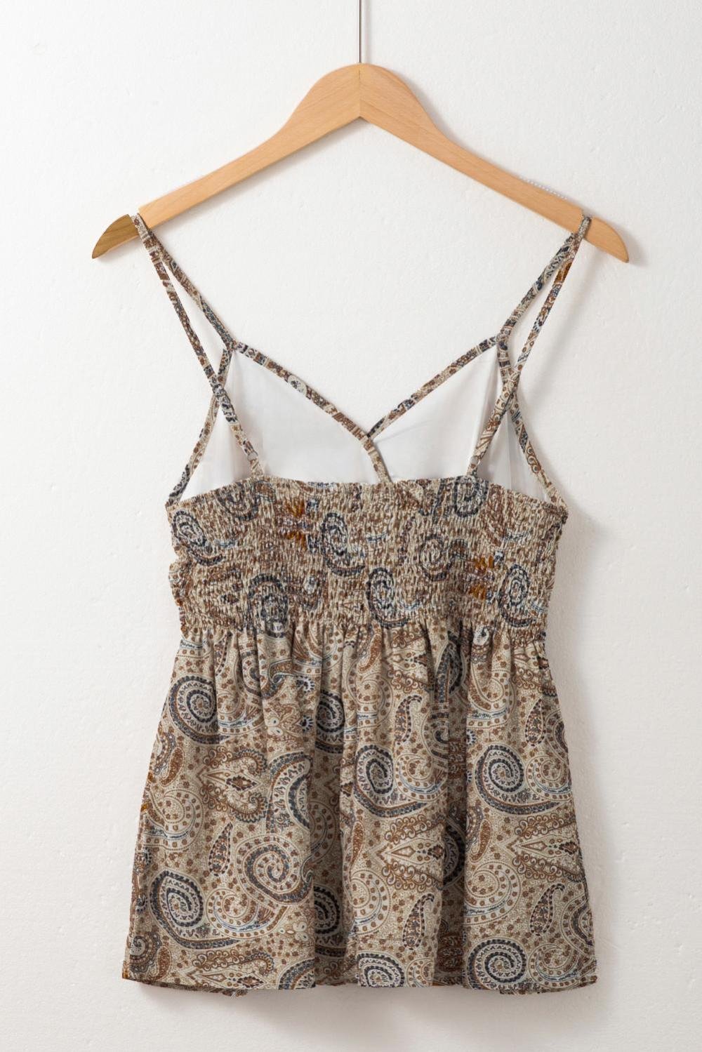 Sleeveless Tops | Women Khaki Paisley Print Spaghetti Strap V Neck Smocked Cami Top