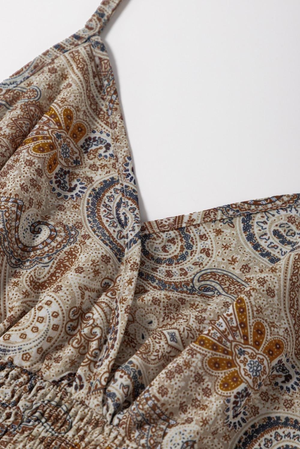 Sleeveless Tops | Women Khaki Paisley Print Spaghetti Strap V Neck Smocked Cami Top