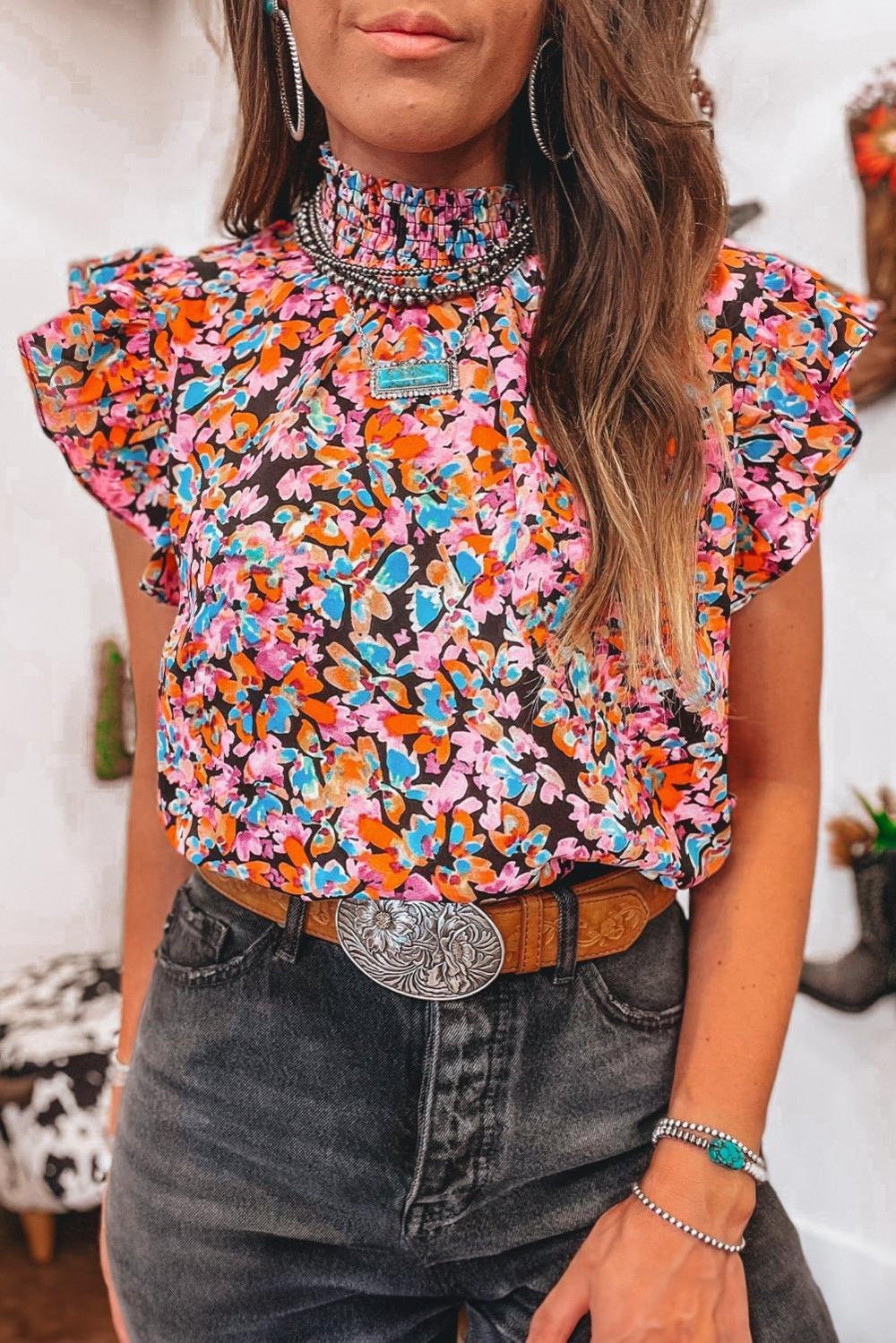 Sleeveless Tops | Women Orange Floral Print Shirred Stand Neck Flutter Shoulder Blouse