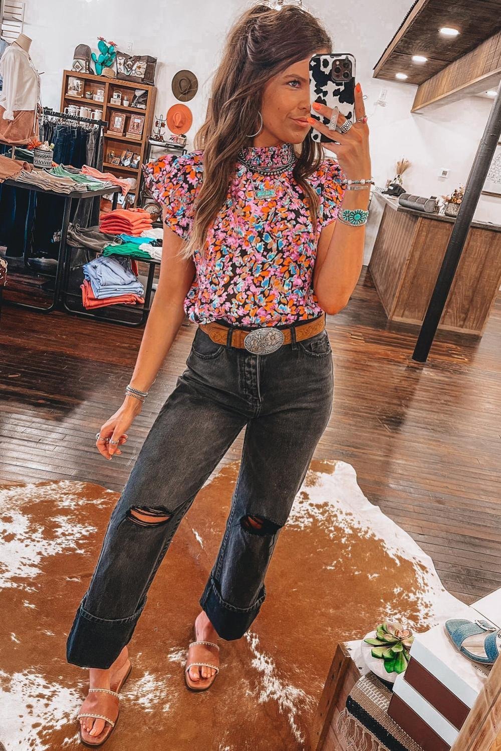 Sleeveless Tops | Women Orange Floral Print Shirred Stand Neck Flutter Shoulder Blouse