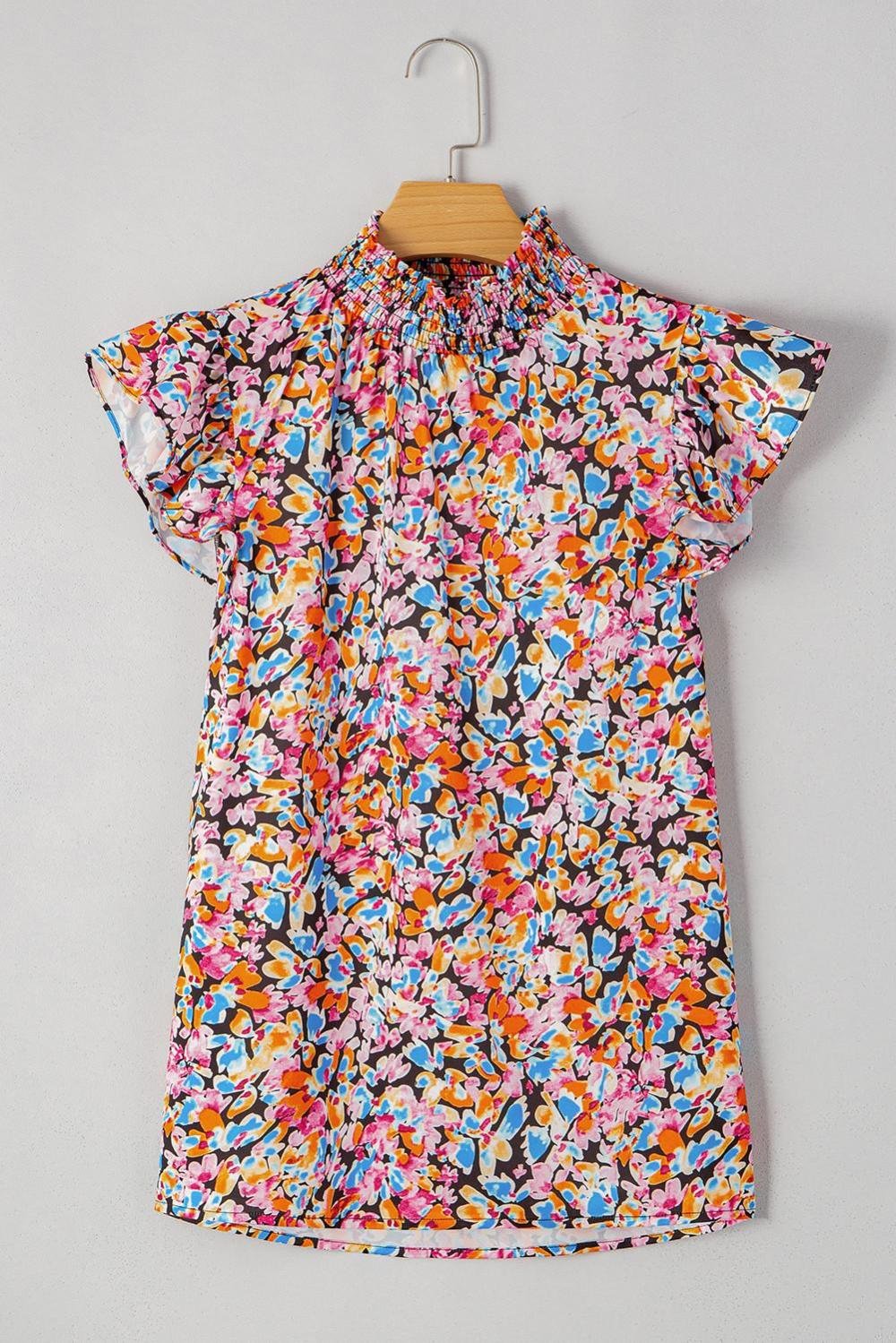 Sleeveless Tops | Women Orange Floral Print Shirred Stand Neck Flutter Shoulder Blouse