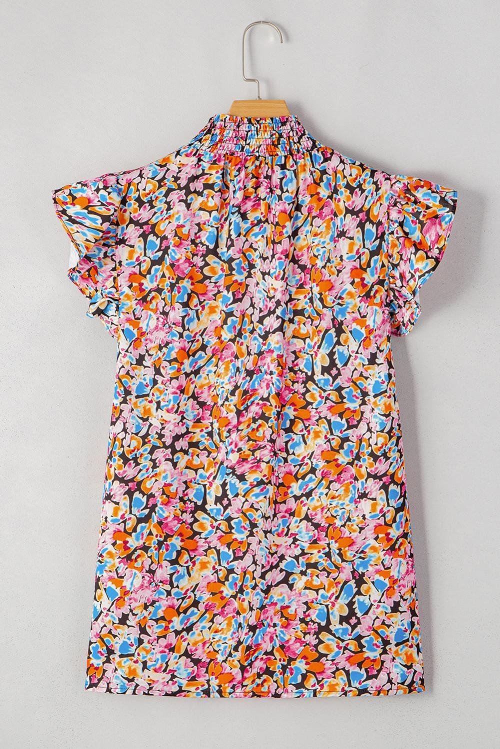 Sleeveless Tops | Women Orange Floral Print Shirred Stand Neck Flutter Shoulder Blouse