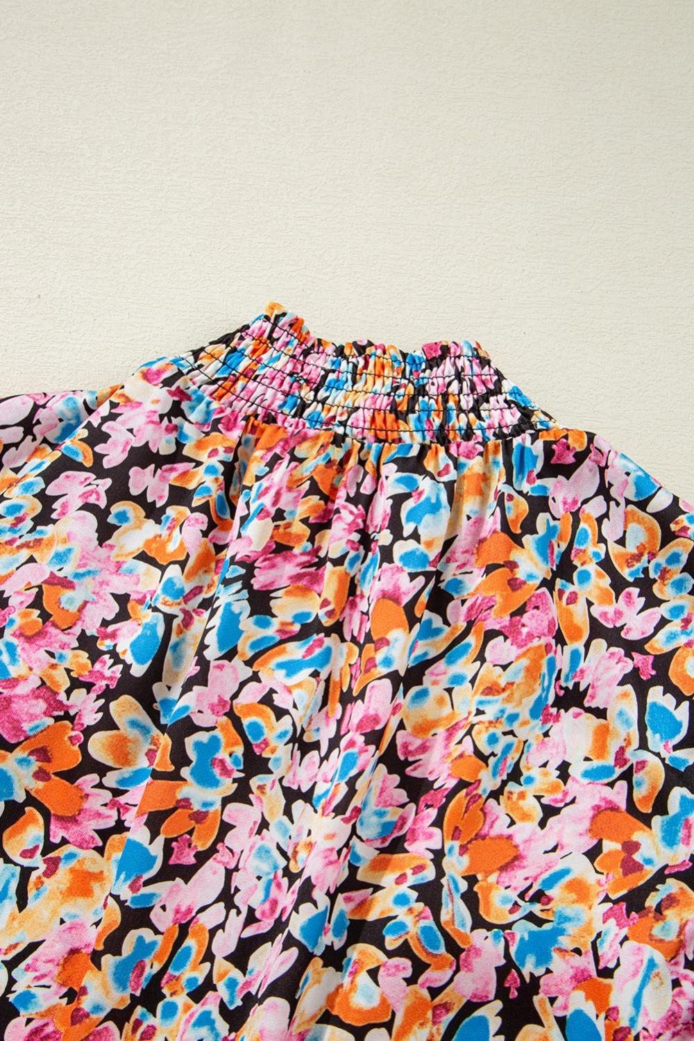 Sleeveless Tops | Women Orange Floral Print Shirred Stand Neck Flutter Shoulder Blouse