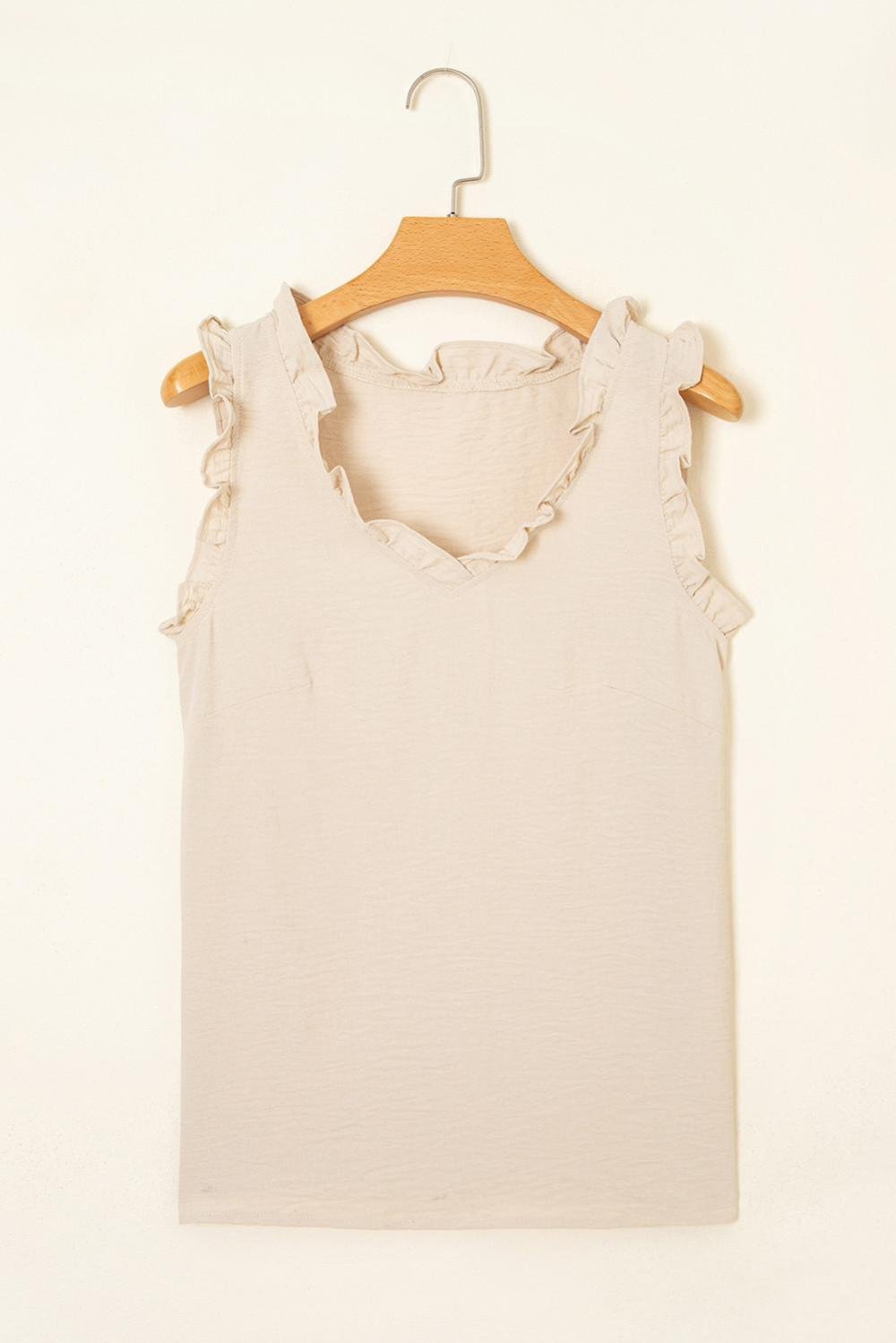 Sleeveless Tops | Women Parchment Frill Trim V Neck Crinkled Sleeveless Top