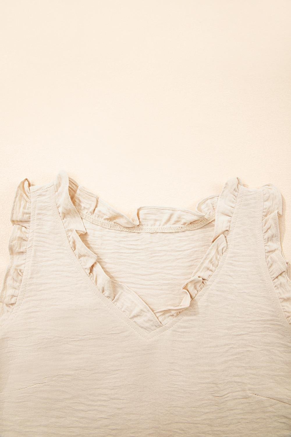 Sleeveless Tops | Women Parchment Frill Trim V Neck Crinkled Sleeveless Top
