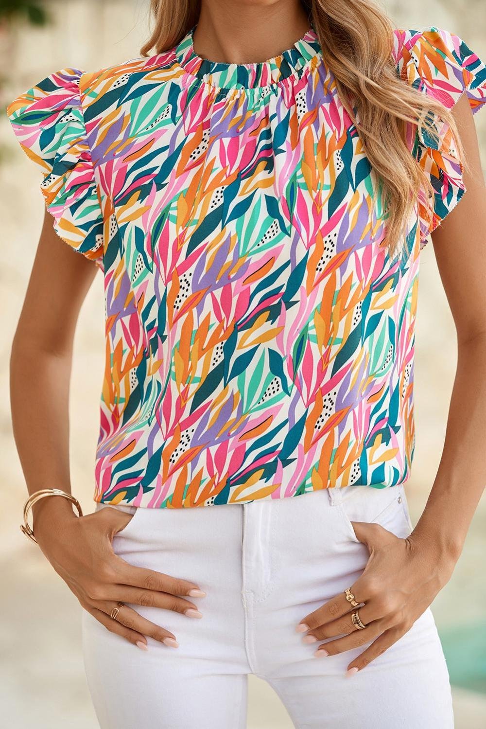 Sleeveless Tops | Women Rose Red Abstract Print Ruffled Flutter Shoulder Blouse