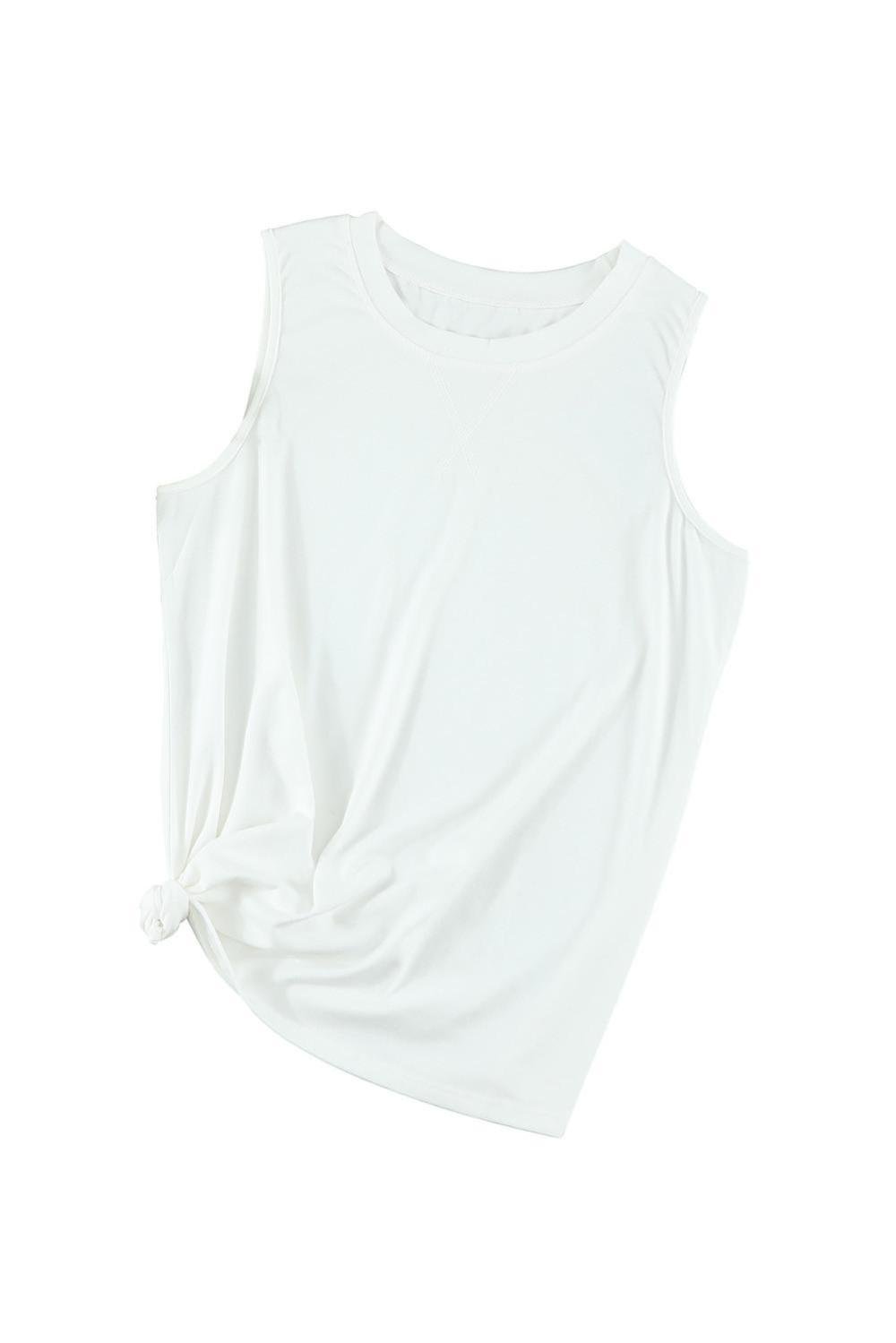 Sleeveless Tops | Women White Solid Color Basic Crew Neck Tank