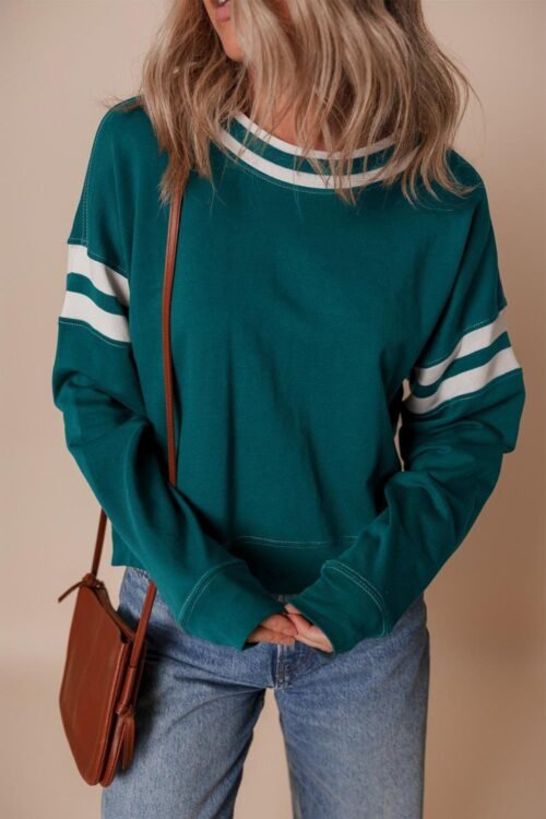 Sweatshirts & Hoodies | Women Blackish Green Contrast Striped Patchwork Drop Shoulder Sweatshirt