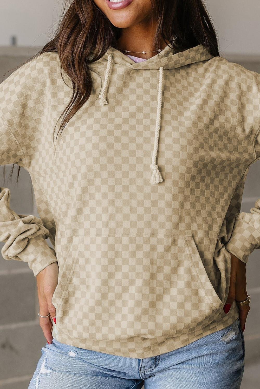 Sweatshirts & Hoodies | Women Khaki Checkered Kangaroo Pocket Hoodie