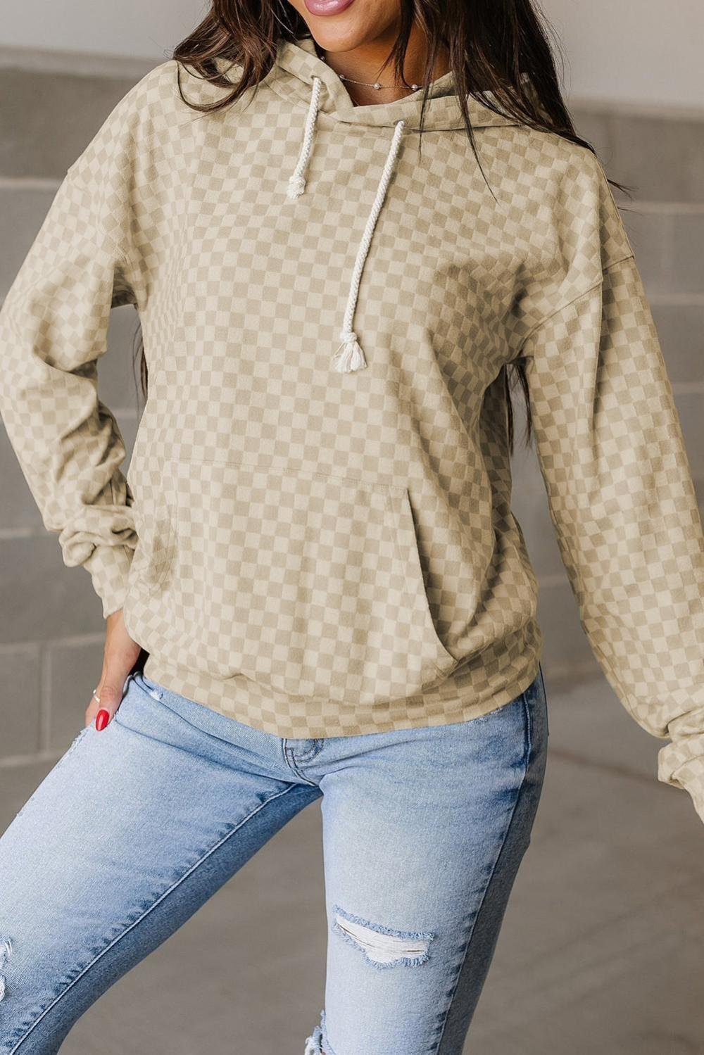 Sweatshirts & Hoodies | Women Khaki Checkered Kangaroo Pocket Hoodie