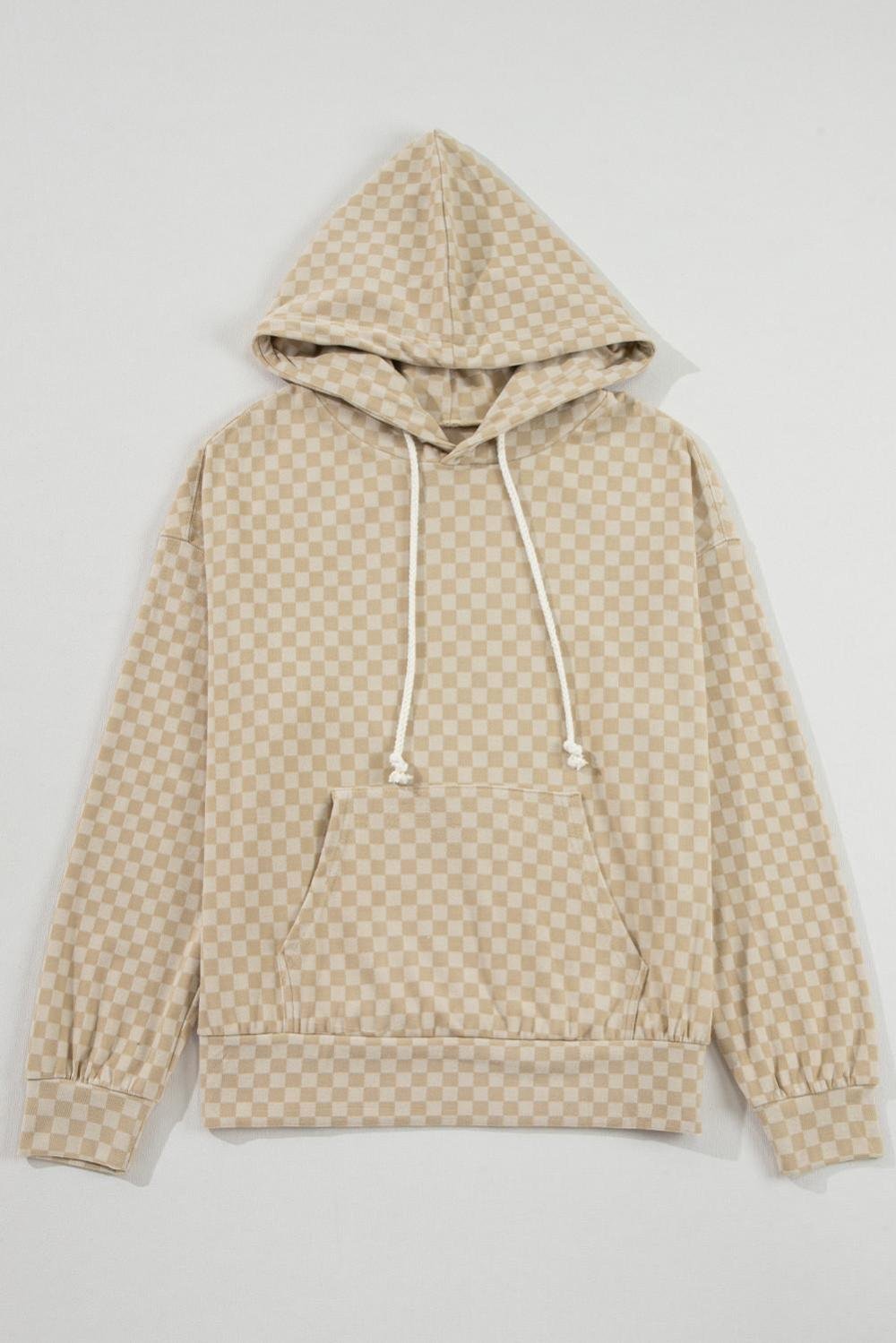 Sweatshirts & Hoodies | Women Khaki Checkered Kangaroo Pocket Hoodie