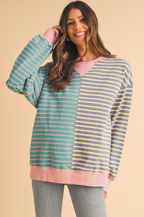 Sweatshirts & Hoodies | Women Sky Blue Stripe Colorblock Drop Shoulder Oversize Sweatshirt
