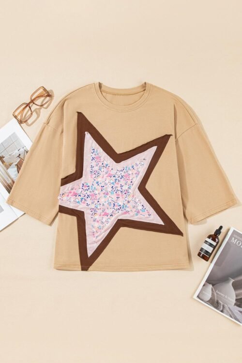 T Shirts | Women Camel Floral Star Patched 3/4 Sleeve T Shirt