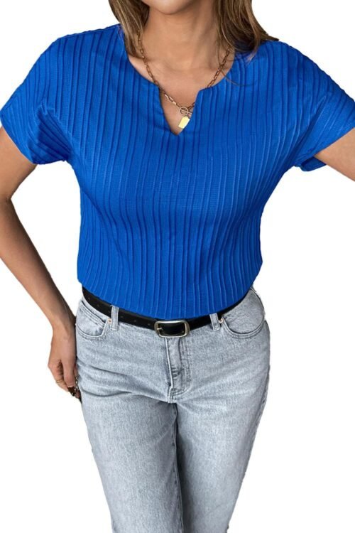 T Shirts | Women Dark Blue Solid Color V Neck T Shirt