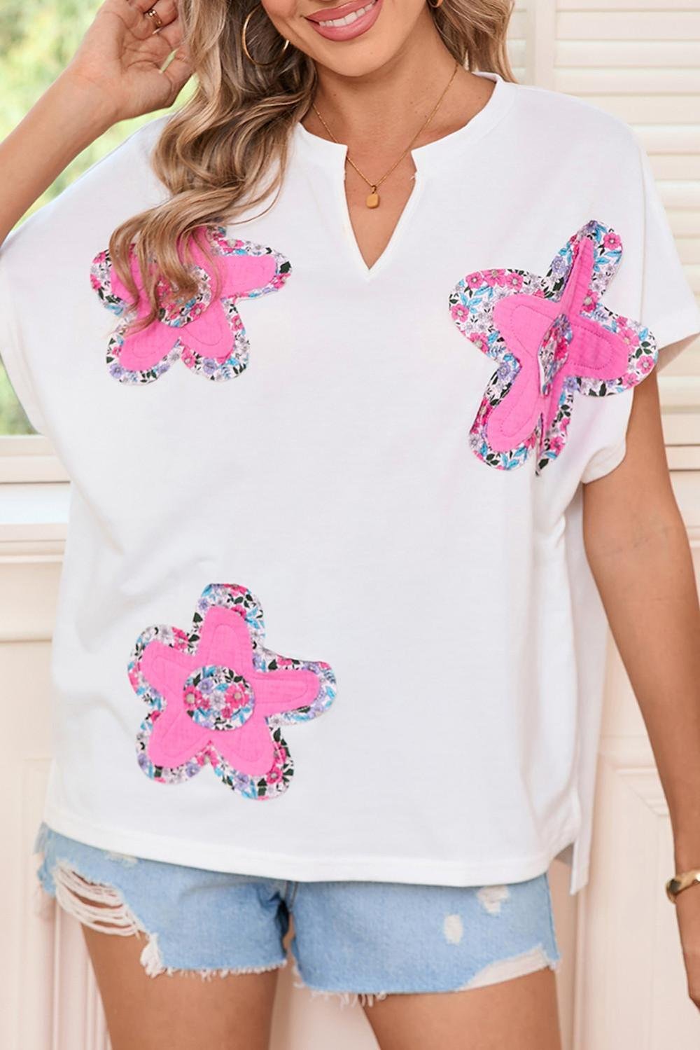 T Shirts | Women White Cute Floral Patch V-Neck Short Sleeve T-Shirt