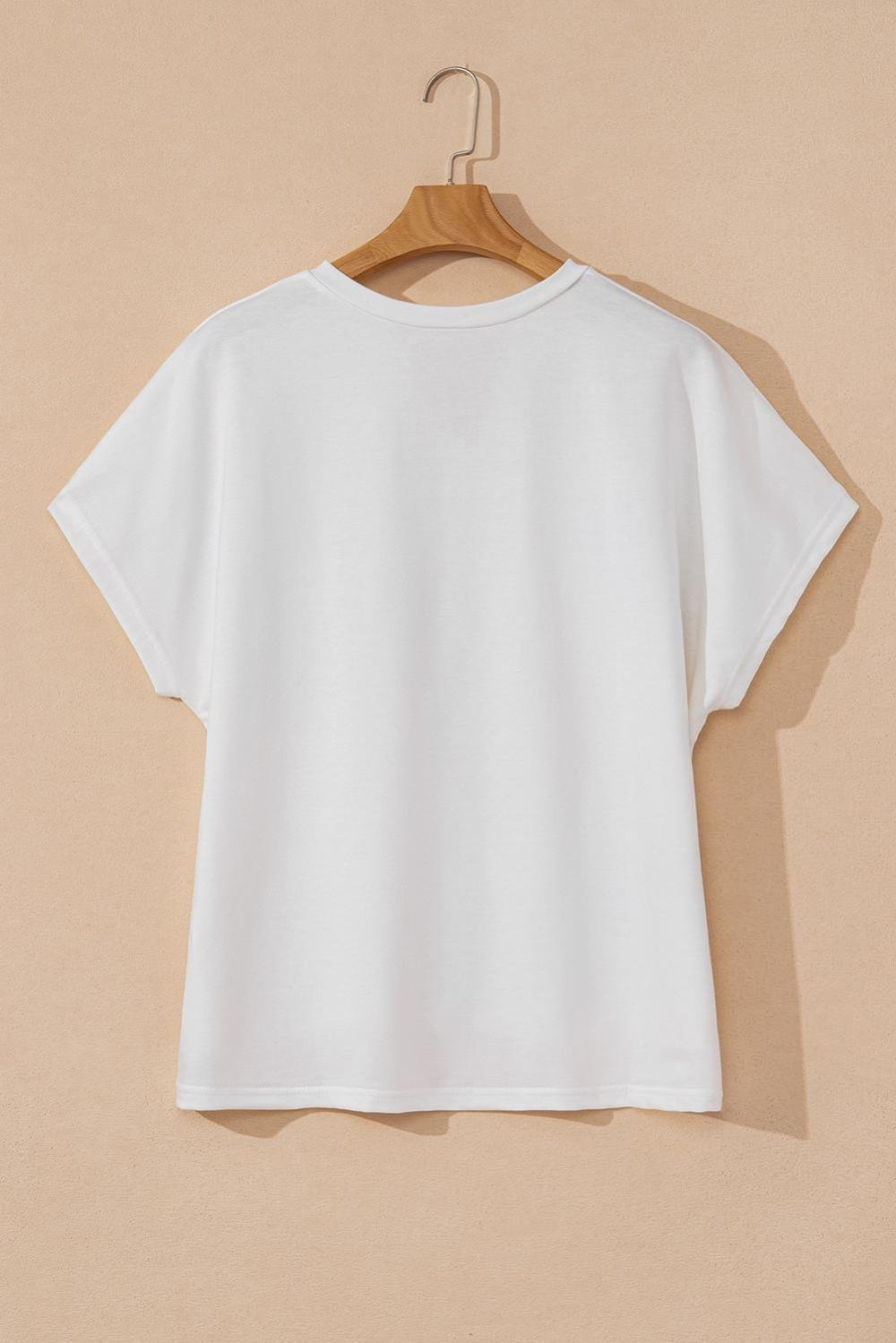 T Shirts | Women White Cute Floral Patch V-Neck Short Sleeve T-Shirt