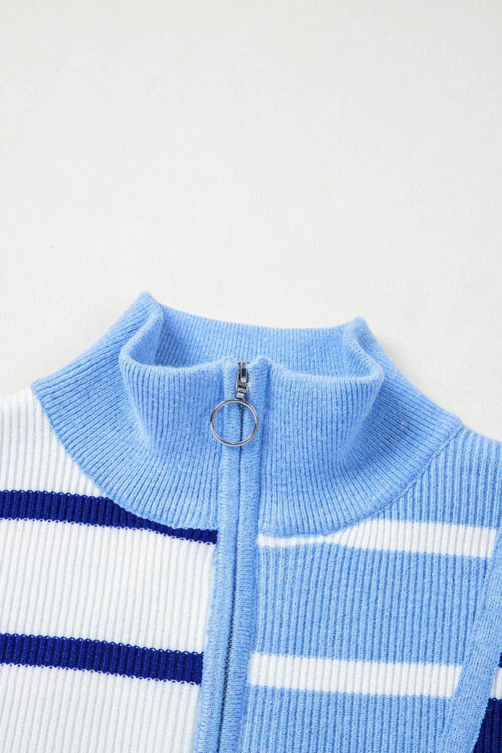 Knit Tops | Women Sky Blue Stripe Quarter Zip Collar Knit Vest