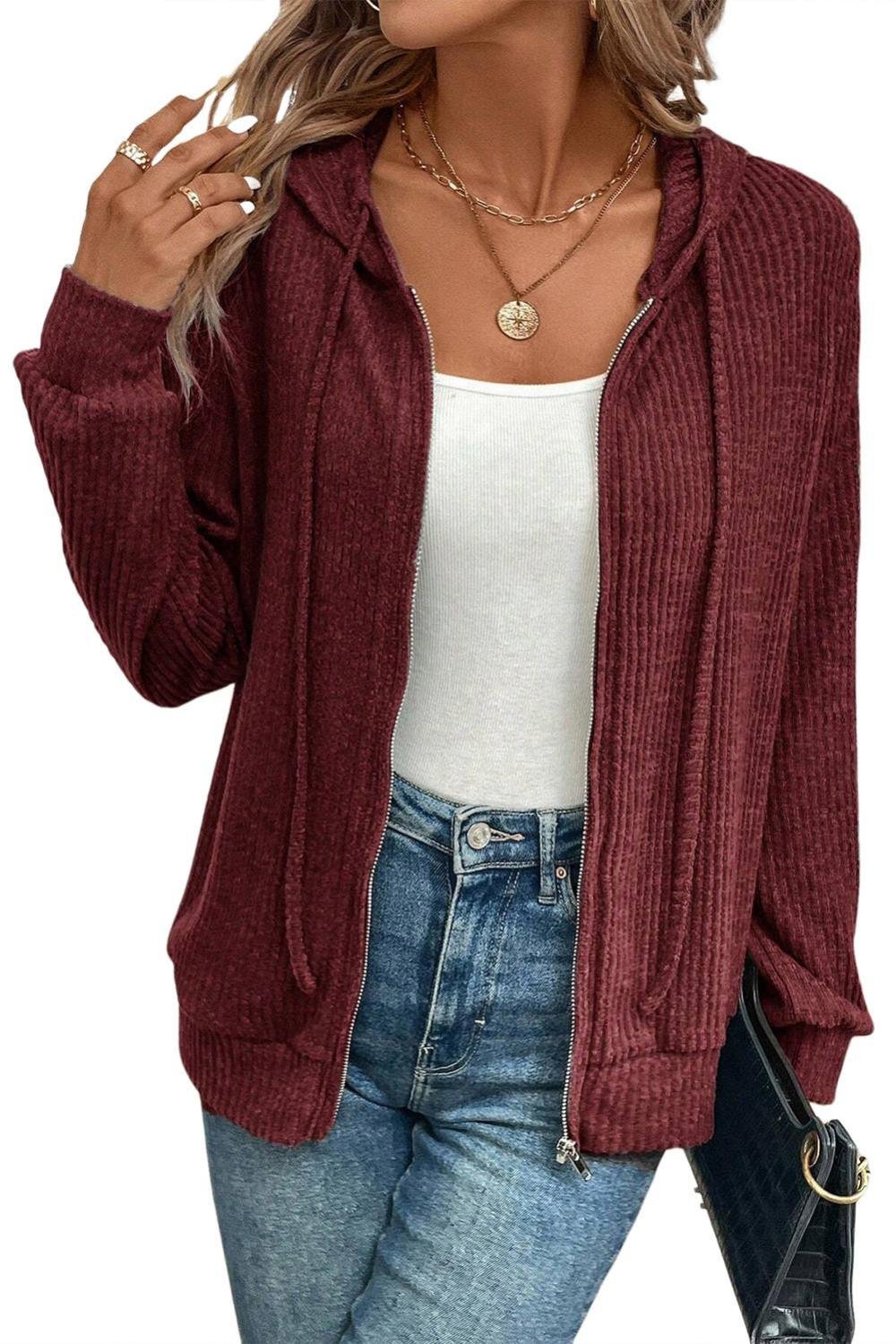 Sweatshirts & Hoodies | Women Red Dahlia Ribbed Zip Front Drawstring Hoodie