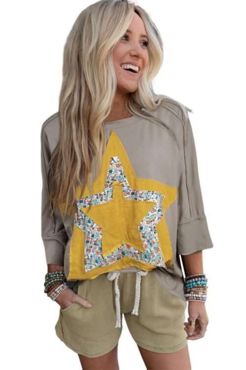 T Shirts | Women Medium Grey Floral Star Patched Exposed Seam Top